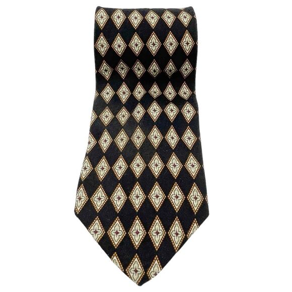 Vintage Valentino Cravatte 100% Silk Necktie Diamond Print Chocolate Gold Black - Picture 5 of 12